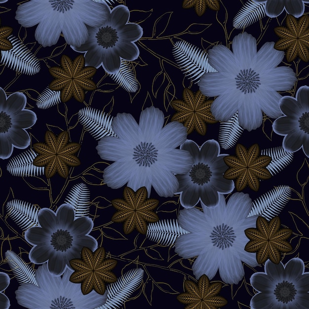 Patrón sin costuras de flores y hojas doradas y plateadas sobre un fondo azul profundo