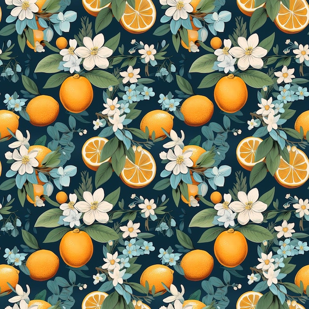 patrón sin costuras de flores y hojas de naranjas en un fondo azul oscuro