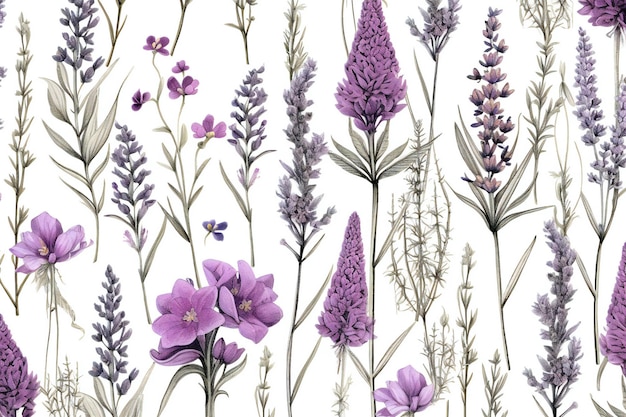 Foto patrón sin costuras con flores de lavanda ilustración dibujada a mano