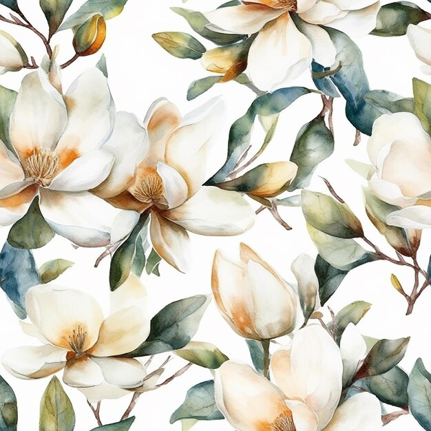 patrón sin costuras con flores de magnolia blanca sobre una ilustración de acuarela de fondo blanco