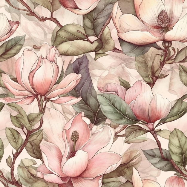 Patrón sin costuras con flores de magnolia sobre un fondo rosa. acuarela. patrón impecable con flores de magnolia sobre un fondo rosa. ilustración dibujada a mano.
