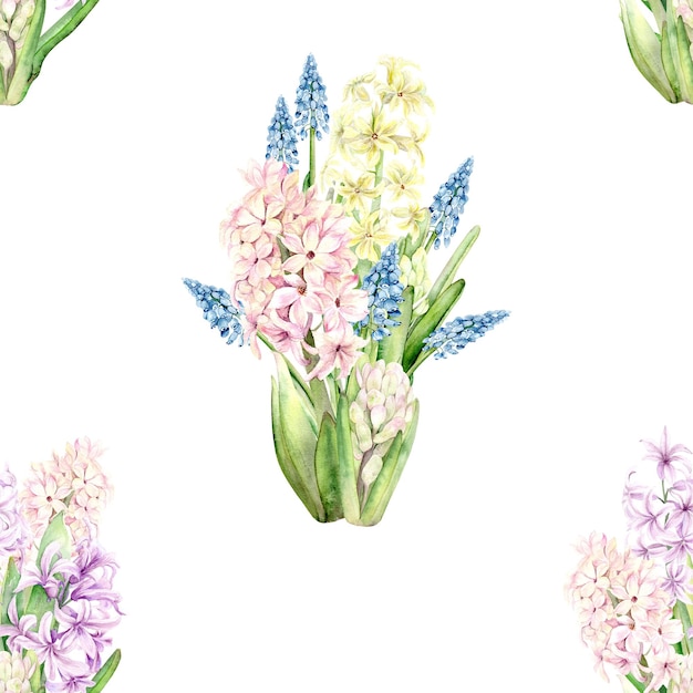 Un patrón sin costuras de flores de primavera jacintos en tonos de azul rosado y lila están pintados a mano en