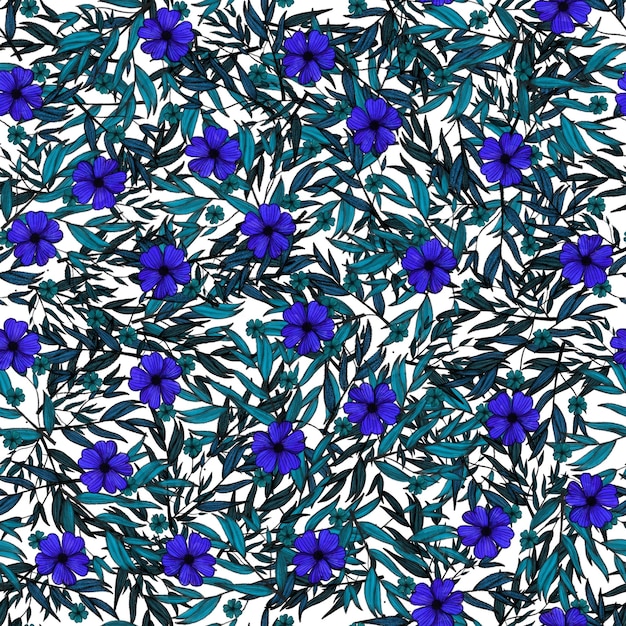 Patrón sin costuras flores de la selva ramas y hojas tonos azules verdes fondo blanco