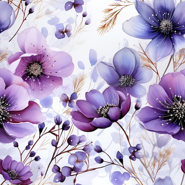 Patrón sin costuras de flores violetas acuarela generada por la IA