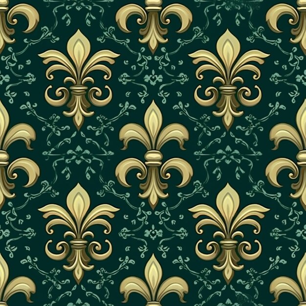 Un patrón sin costuras con florones dorados en un fondo verde generativo ai