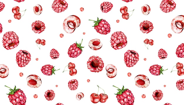 Patrón sin costuras de frambuesa brillante y fondo blanco de cereza Ilustración de acuarela para envases Tejidos de cocina para el hogar Ropa para papelería