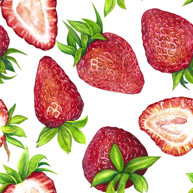 Patrón sin costuras de fresas jugosas maduras Ilustración acuarela aislada sobre fondo blanco