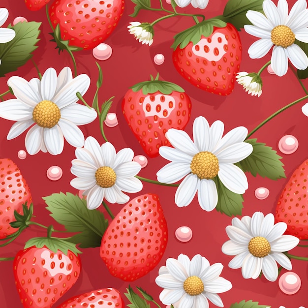 Foto patrón sin costuras de fresas y margaritas en un fondo rojo generativo ai