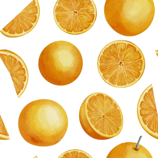 Patrón sin costuras de fruta naranja Impresión dibujada a mano con rebanadas de alimentos cítricos sobre fondo blanco aislado Ilustración de adorno con círculos de mandarina para papel de regalo Mandarina para etiqueta de jugo