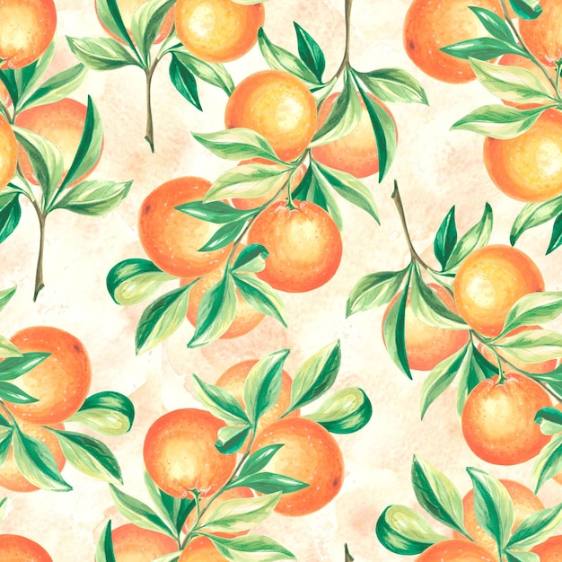 Patrón sin costuras con frutas y hojas de naranjas Ilustración a acuarela dibujada a mano de cítricos jugosos