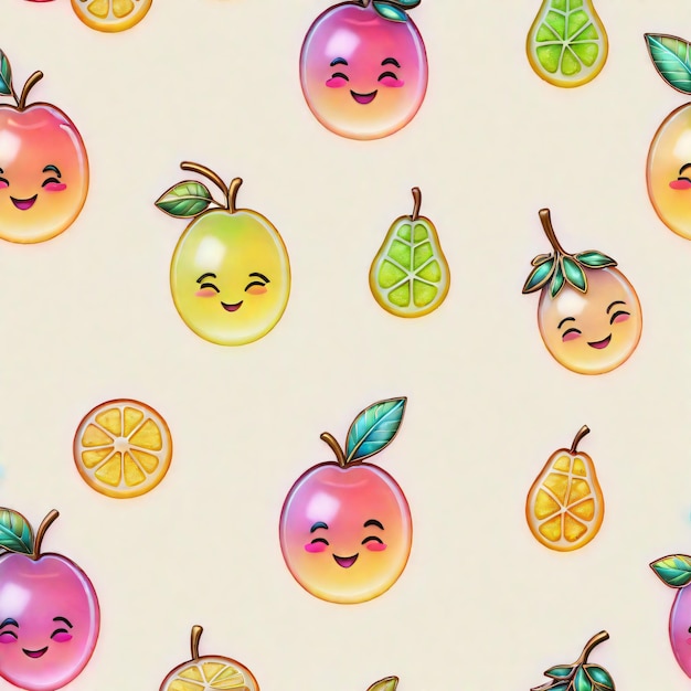 Patrón sin costuras con frutas kawaii lindas personajes de dibujos animados divertidos