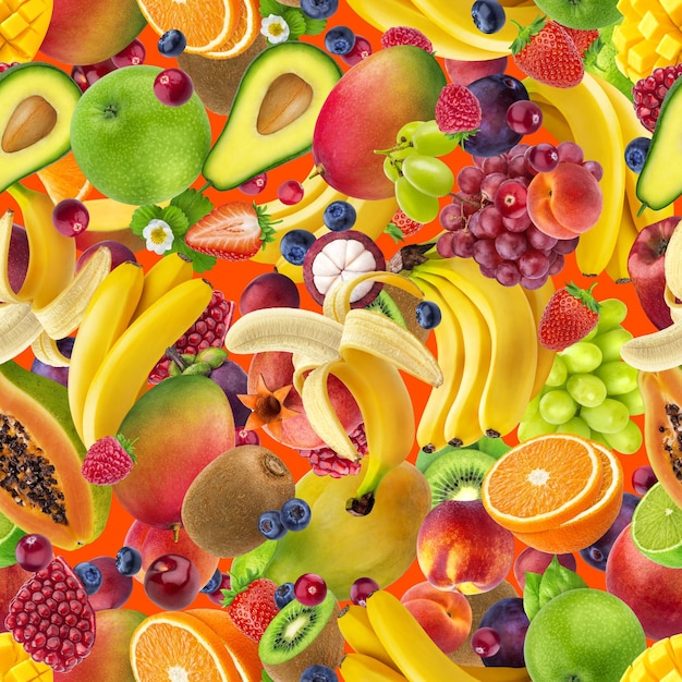 Foto patrón sin costuras de frutas tropicales que caen frutas exóticas aisladas sobre fondo de color