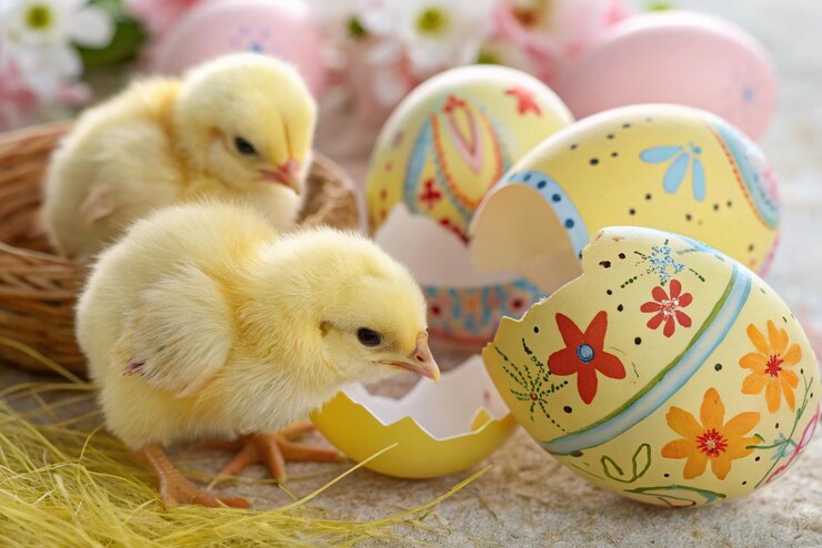 Patrón sin costuras gallinas y huevos Varios pollitos amarillos que eclosionan de huevos de Pascua pintados