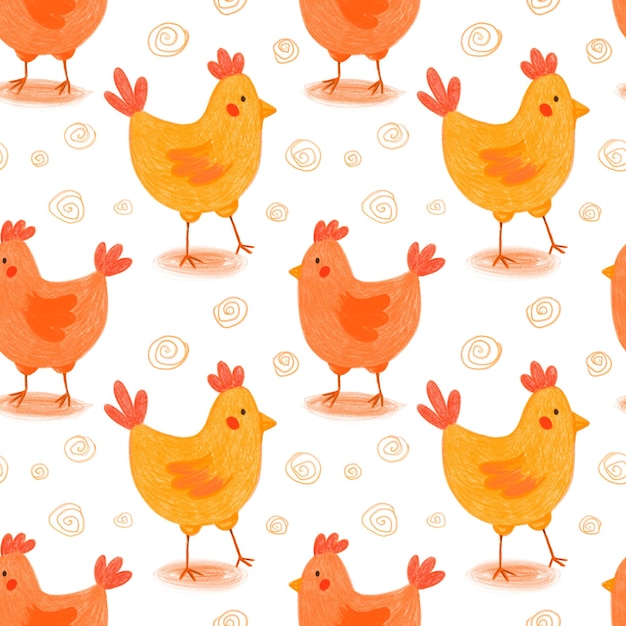 Patrón sin costuras de gallinas naranjas y amarillas en blanco Dibujado a mano con lápices de colores, pollitos repiten la impresión