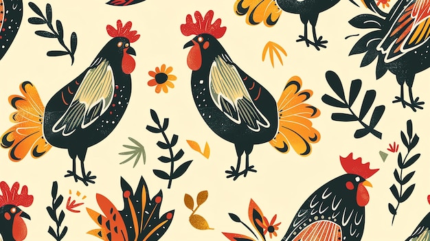 Un patrón sin costuras con un gallo El gallo es negro con detalles rojos El fondo es blanco con detalles rojo naranja y amarillo
