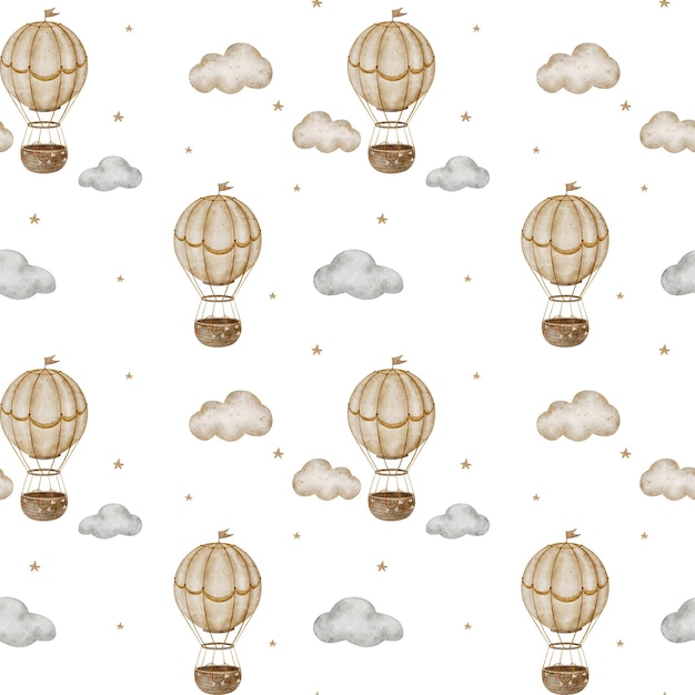 El patrón sin costuras del globo de aire caliente vintage vuela nubes beige impresión en acuarela con ilustraciones en pastel