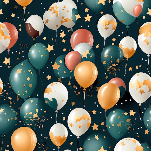 Patrón sin costuras con globos naranja y dorado y estrellas en un fondo oscuro azulejos