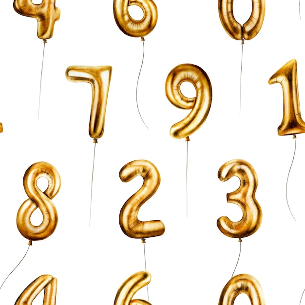 Patrón sin costuras con globos de papel dorado dígitos 09 números de fiesta de cumpleaños dibujados a mano cero uno dos