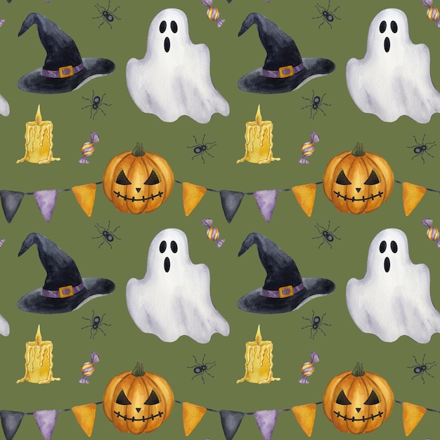 El patrón sin costuras de Halloween Jack o Lanterna tallada naranja calabaza caramelo araña vela fantasma brujas sombrero guirnaldas banderas clipart de dibujos animados ilustraciones de acuarela dibujadas a mano fondo verde