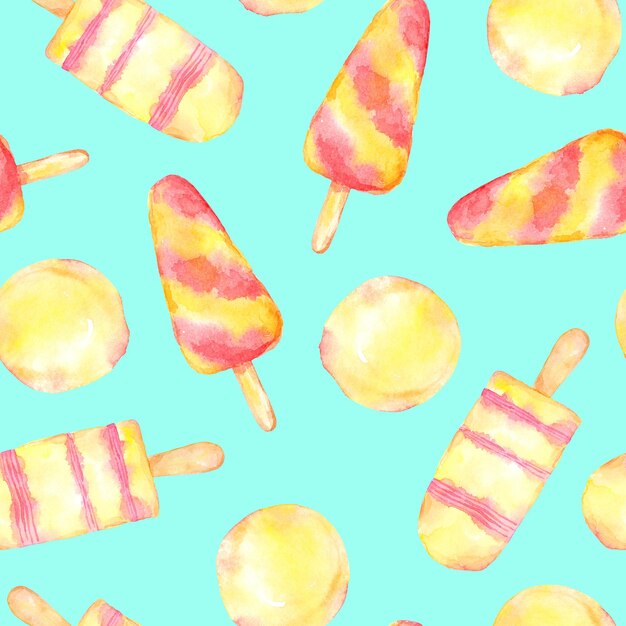 Patrón sin costuras con helado de acuarela a rayas en colores amarillo y rosa