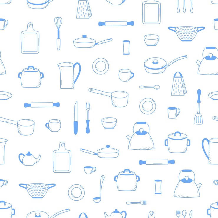 Patrón sin costuras de herramientas de cocina y vajilla icono de garabateo papel tapiz de ilustración vectorial