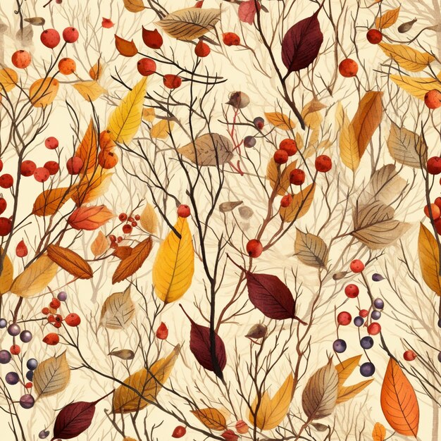 Un patrón sin costuras con hojas de otoño y bayas.