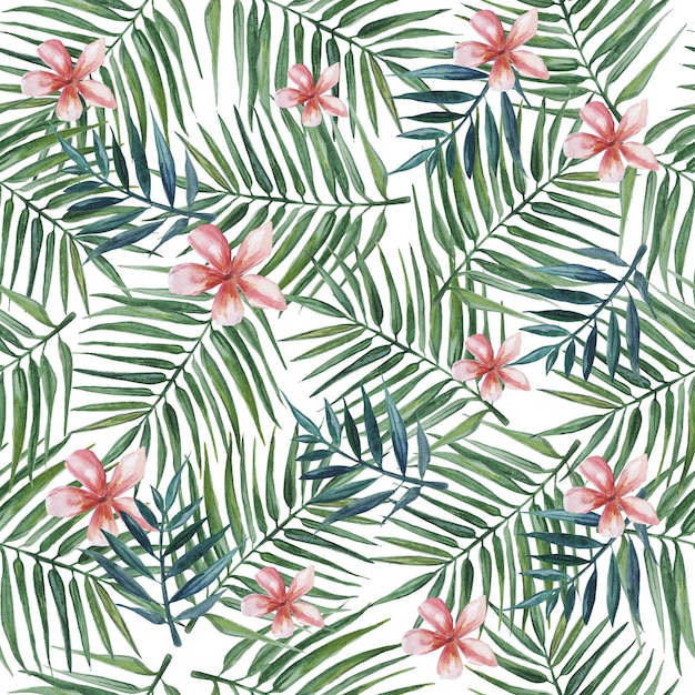 Patrón sin costuras con hojas de palma y flores de plumeria rosa Ilustración acuarela