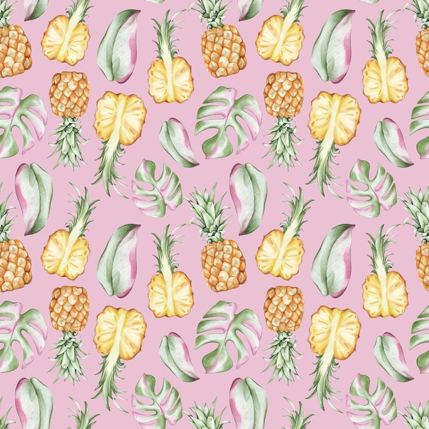 Patrón sin costuras con hojas de piña y monstera