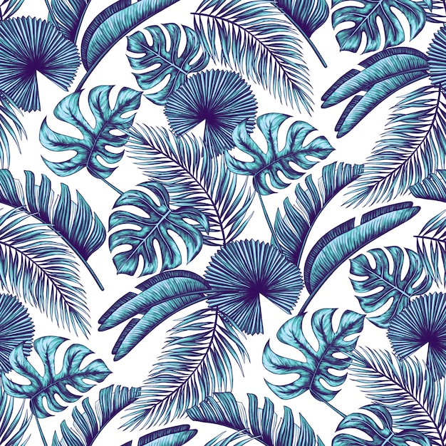 Patrón sin costuras de hojas tropicales Impresión vívida colorida con hermosas hojas de palma de la jungla Repetido diseño de lujo para embalajes papel tapiz textil de moda cosmética Ilustración realista de alta calidad