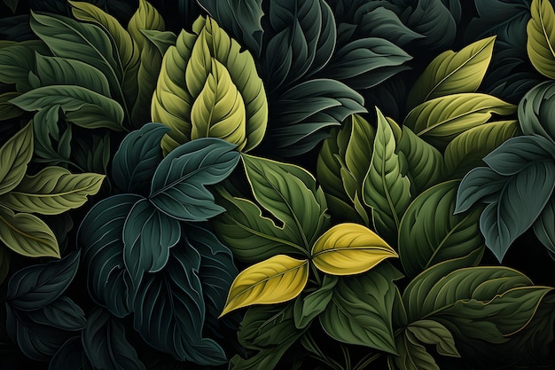 patrón sin costuras con hojas verdes sobre un fondo oscuro