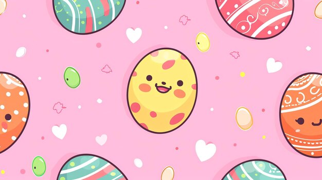 Un patrón sin costuras de huevos de Pascua lindos y coloridos en un fondo rosa Los huevos tienen diferentes patrones y caras