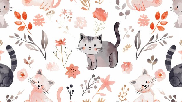 Foto un patrón sin costuras con ilustraciones en acuarela de gatos y estilizaciones florales