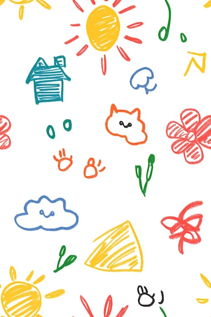 Patrón sin costuras con ilustraciones para niños con flores, casa de sol y nubes en un diseño lúdico