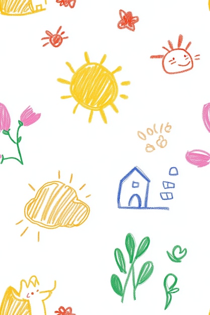 Patrón sin costuras con ilustraciones para niños con flores, casa de sol y nubes en un diseño lúdico