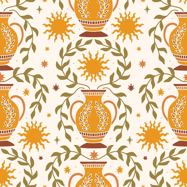 Patrón sin costuras con jarra de arcilla y ornamento floral Ilustración vectorial