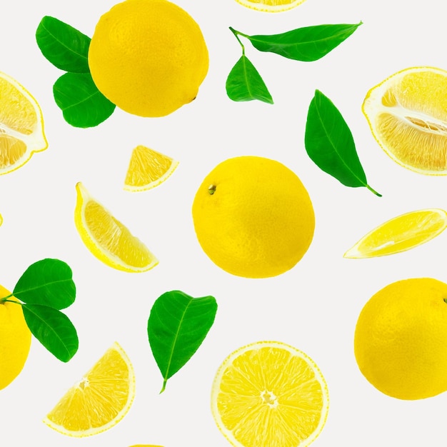 Patrón sin costuras Juego de deliciosos limones que caen aislados sobre fondo blanco. Vista superior. Fondo minimalista de verano creativo.