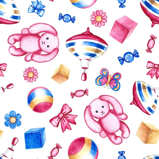 Patrón sin costuras con juguetes para niños, bolas y conejitos de peluche, arcos, ilustraciones a la acuarela hechas a mano.