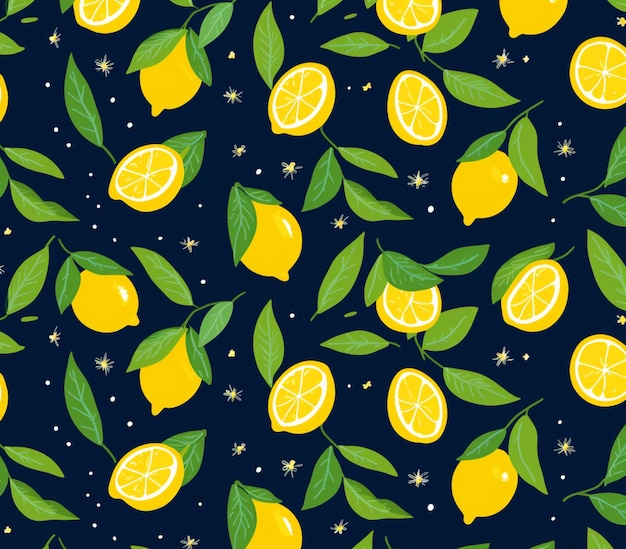 patrón sin costuras con limones y hojas sobre un fondo oscuro ai generativo