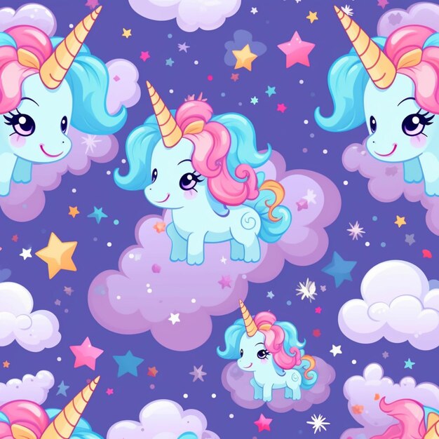 patrón sin costuras con lindos unicornios y estrellas sobre un fondo púrpura ai generativo