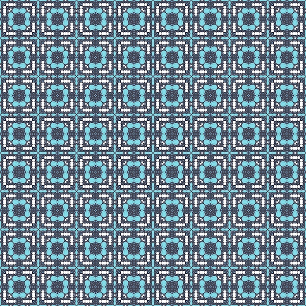 Patrón sin costuras con mandala azul y gris sobre un fondo azul.