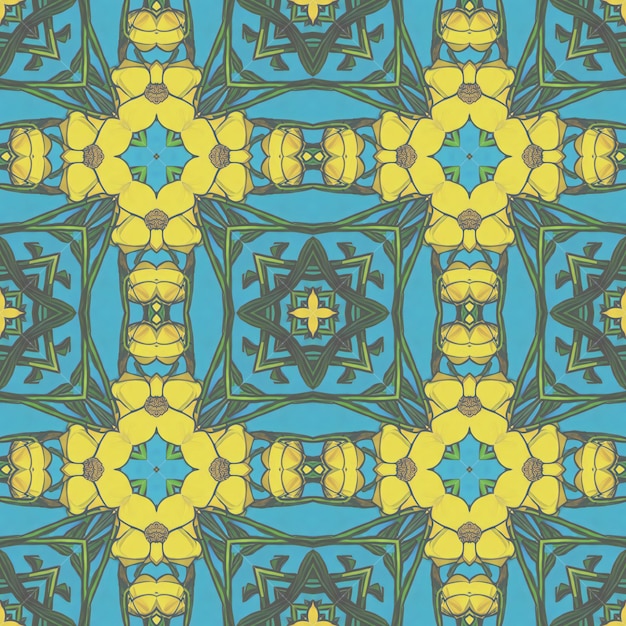 Patrón sin costuras con mandalas en colores azul y amarillo