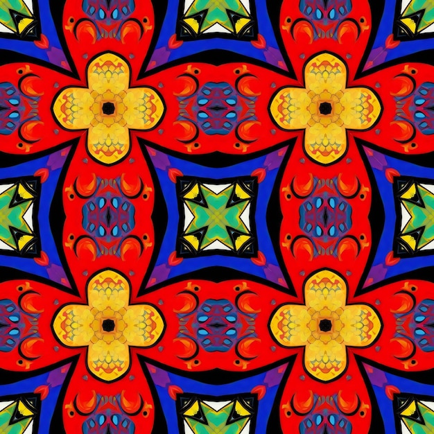 Patrón sin costuras con mandalas en colores azul rojo y verde