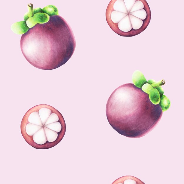 Patrón sin costuras de mangostán púrpura Ilustración de frutas de acuarela tropical aisladas en el fondo Fo