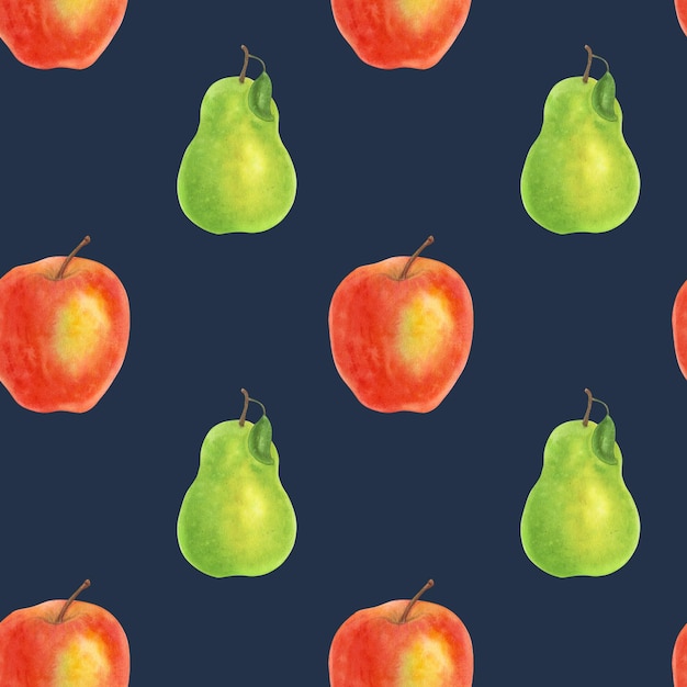 Patrón sin costuras manzana roja pera verde Acción de Gracias Kwanzaa acuarela ilustración fondo oscuro