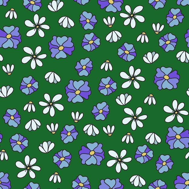 Patrón sin costuras de margaritas y flores azules en estilo garabato sobre fondo verde