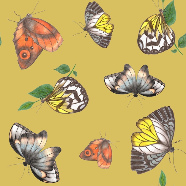 Patrón sin costuras con mariposas de colores dibujadas a mano sobre papel digital de fondo amarillo con mariposa