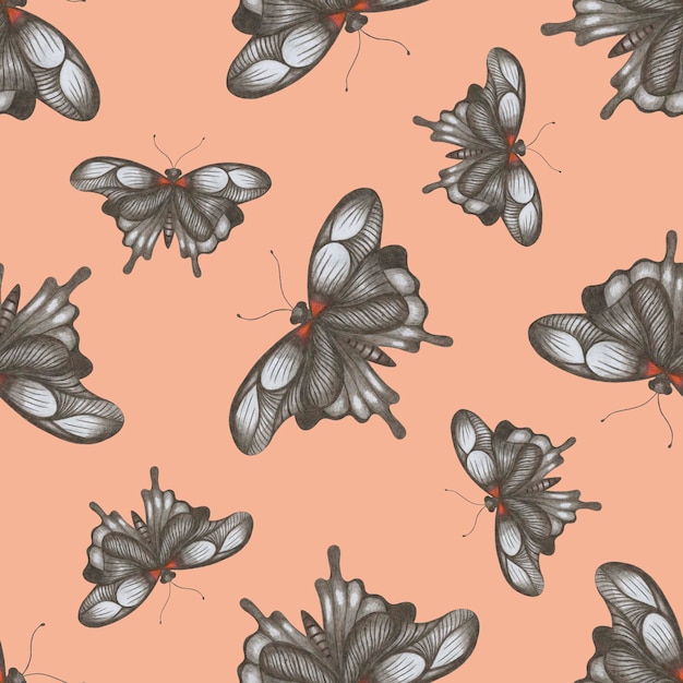 Patrón sin costuras con mariposas de colores dibujadas a mano sobre papel digital de fondo rosa con mariposa