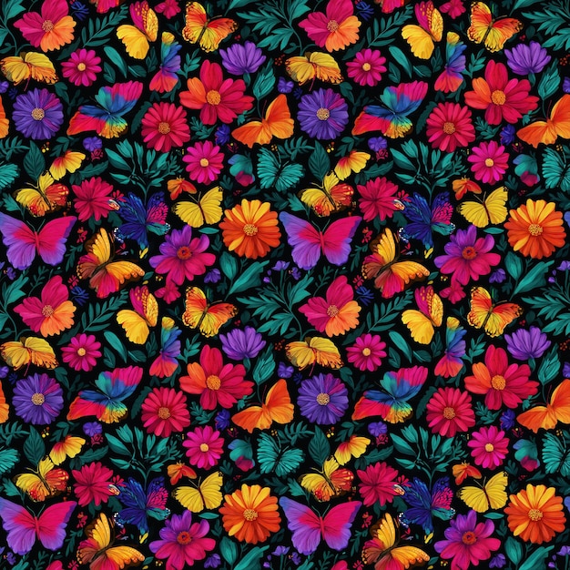 patrón sin costuras con mariposas y flores de colores brillantes en un fondo negro