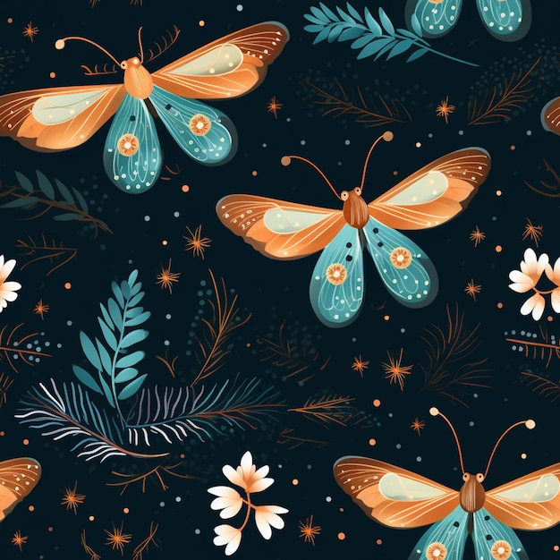 patrón sin costuras con mariposas y flores en un fondo oscuro generativo ai