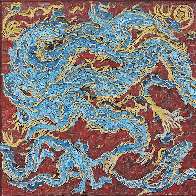Patrón sin costuras de mosaico con diseño de patrón de dragón chino azul y dorado